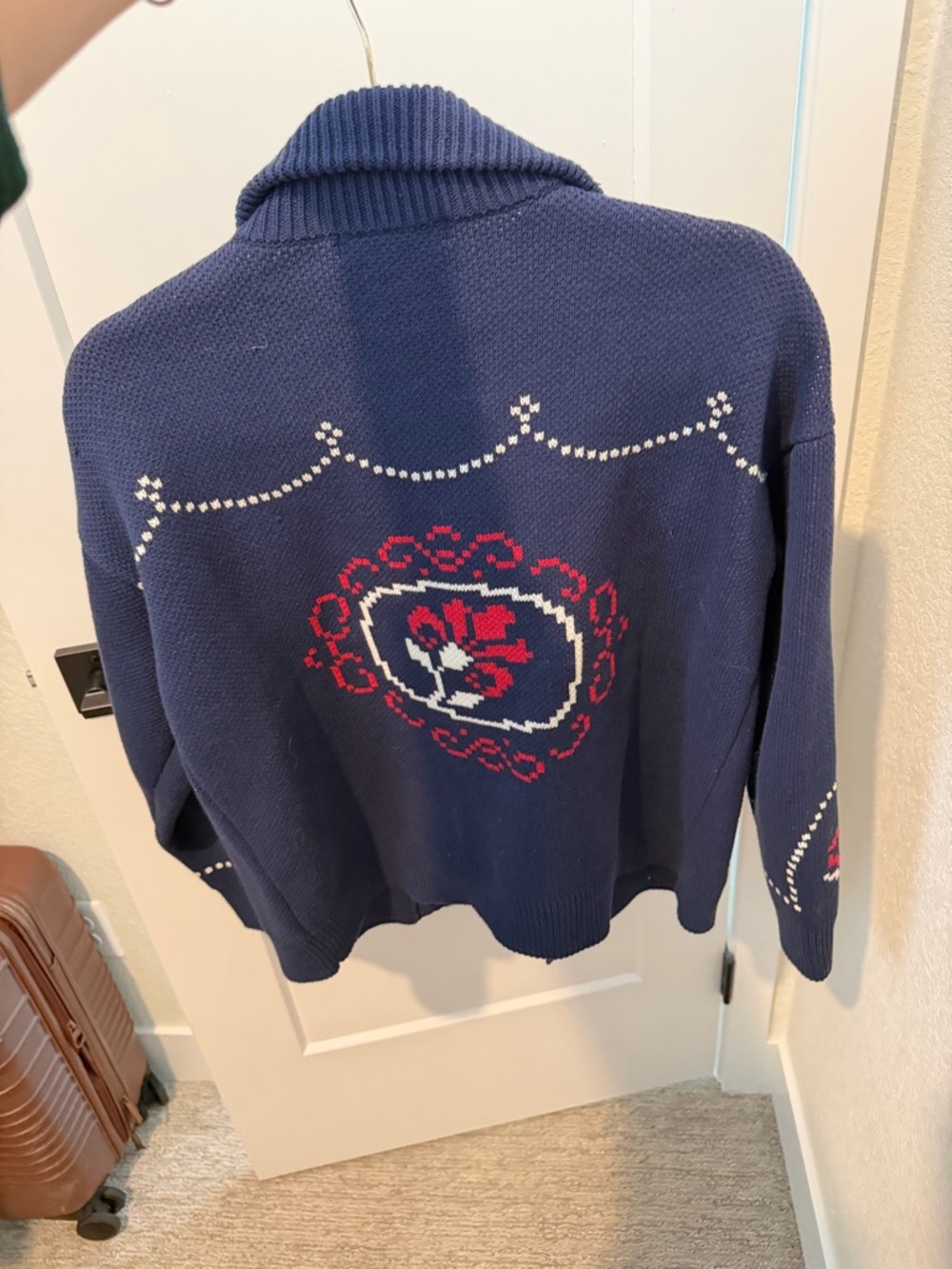 Daydreamer Navy Knit Cardigan with Rose Intarsia - Picture 2 of 2